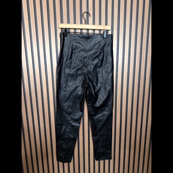 Zara Trousers Large Womens Black Vegan Leather Pleated Elastic Waist Cut Off - Picture 2 of 8